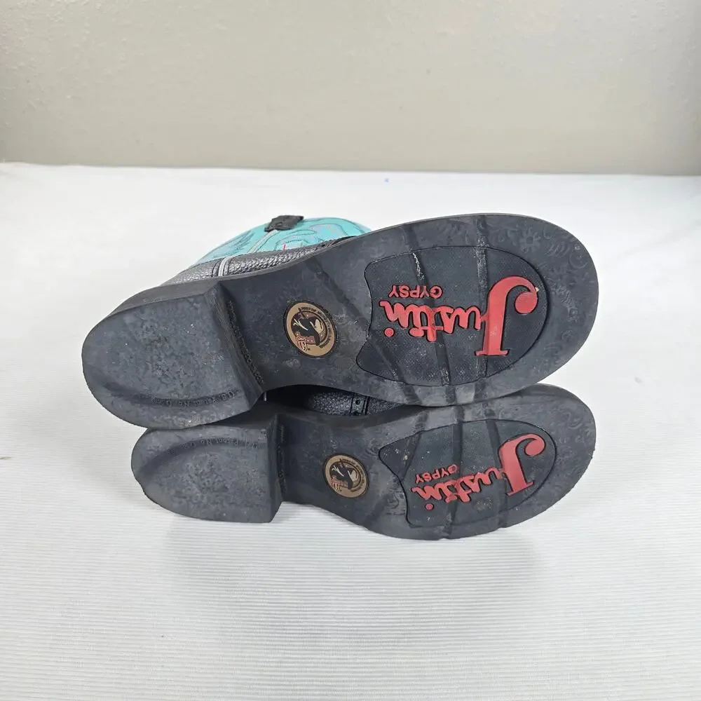 Justin Gypsy Casual Black Deercow Cowhide Round Toe Western Aqua Boot Size 10B
